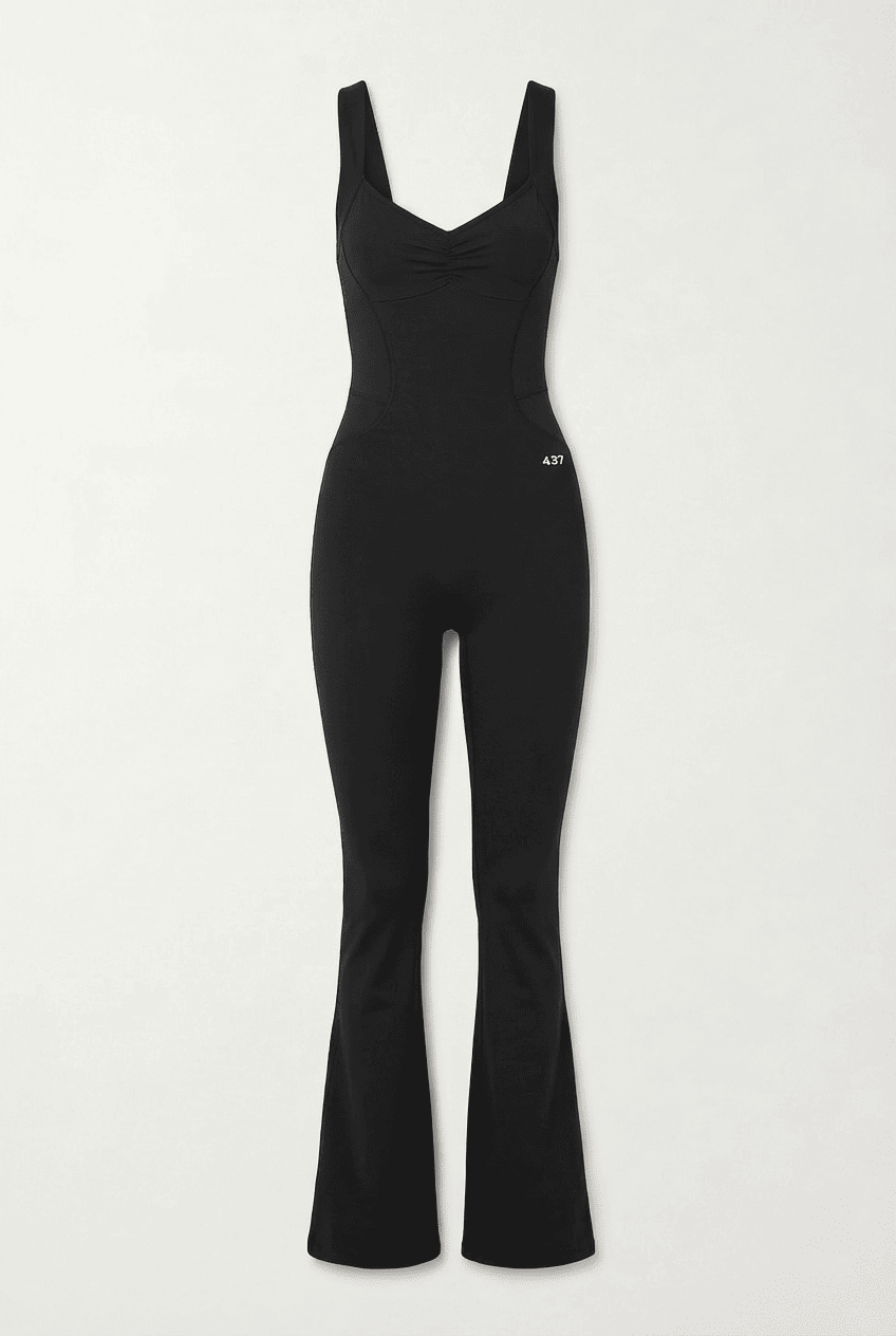 Black sleeveless flared jumpsuit with ruched bust and tailored seaming, front view flat lay