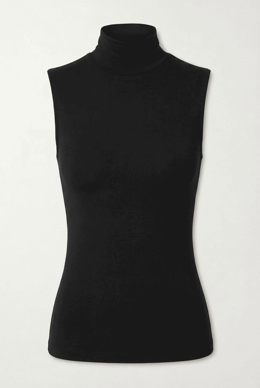 Black slim-fit sleeveless turtleneck top, front view flat lay