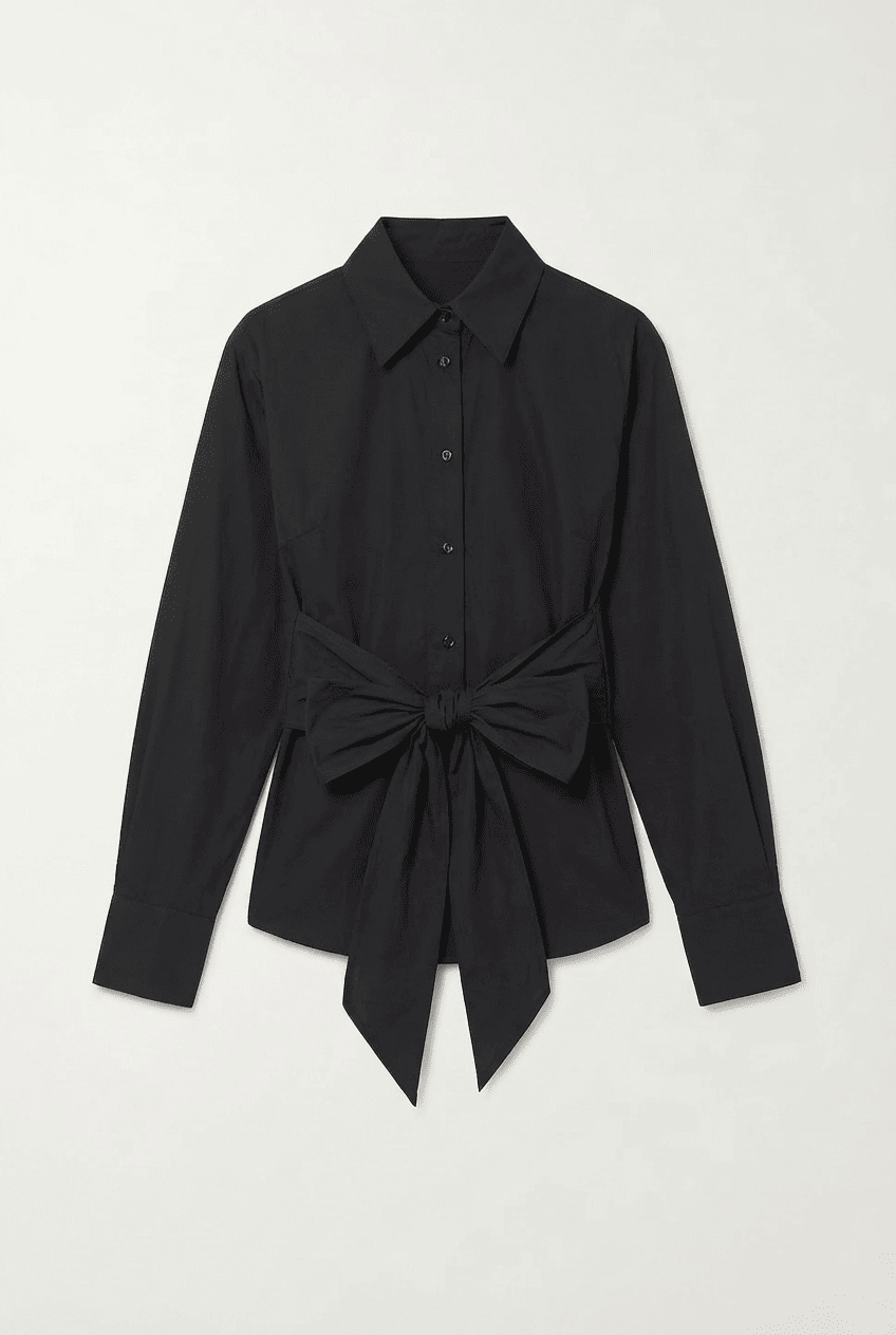 Black tailored collared shirt with front button closure and detachable waist bow-tie, front view flat lay