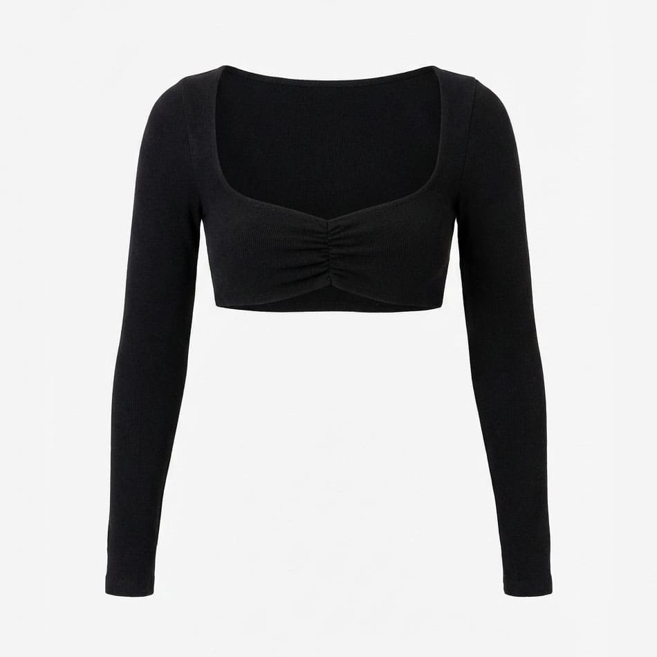 Black ribbed knit long-sleeve cropped top with sweetheart neckline and twist-front detail, front view flat lay
