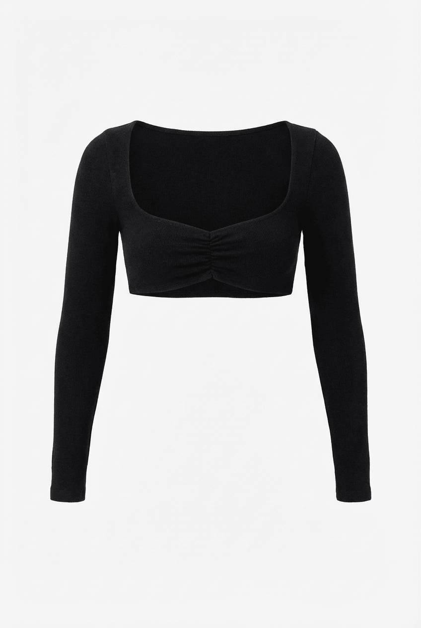 Black ribbed knit long-sleeve cropped top with sweetheart neckline and twist-front detail, front view flat lay
