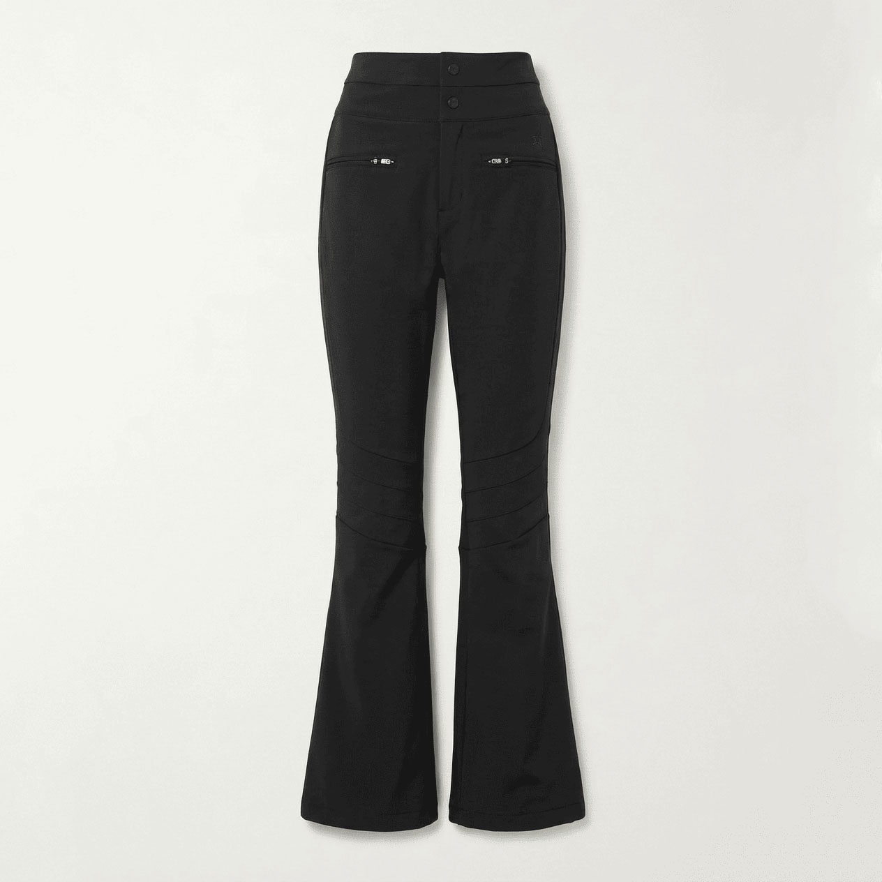 Black high-waisted flared ski trousers with double-button waistband, front zip pockets, and reinforced knee panels, front view flat lay