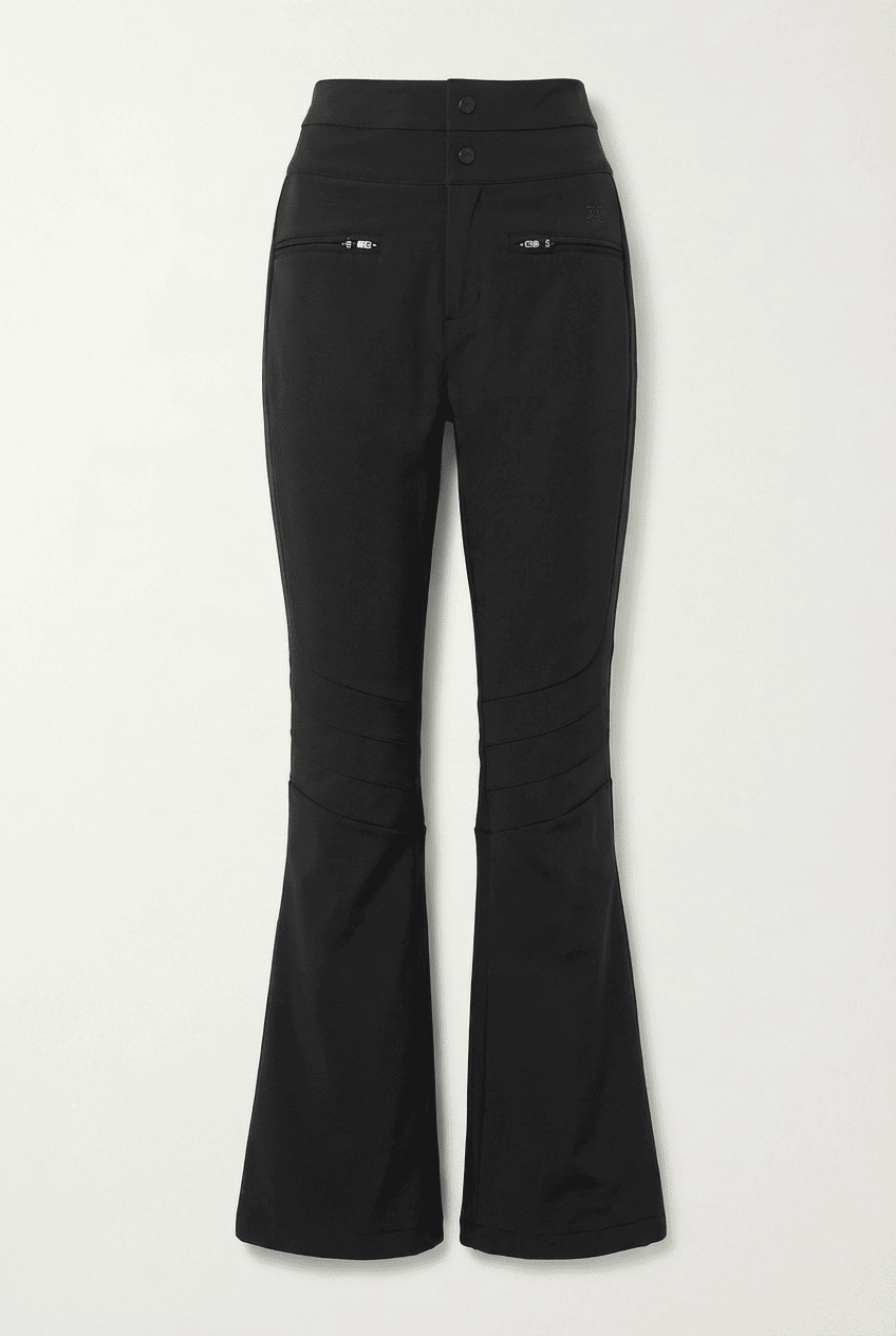 Black high-waisted flared ski trousers with double-button waistband, front zip pockets, and reinforced knee panels, front view flat lay