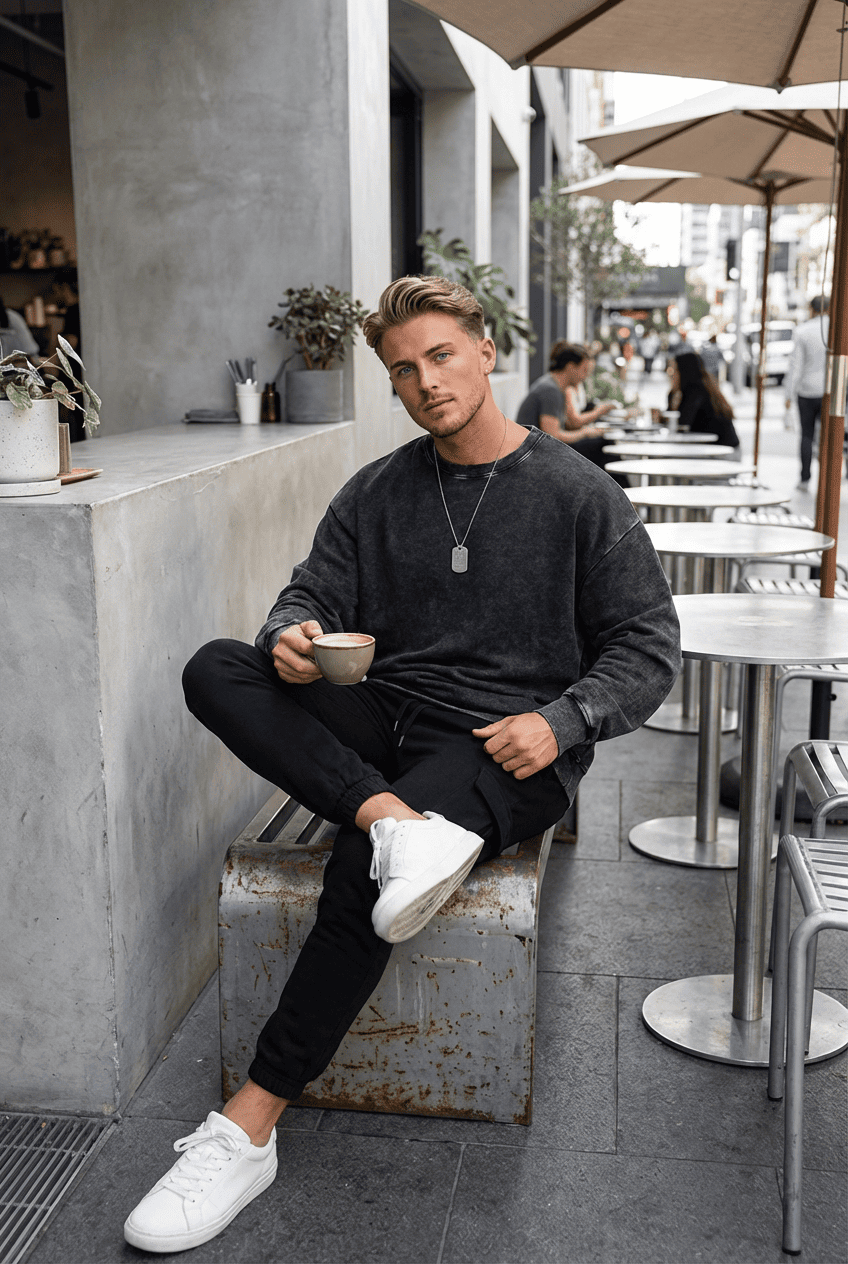 Model wearing black washed vintage oversized crewneck sweatshirt, front view casual styling at outdoor café