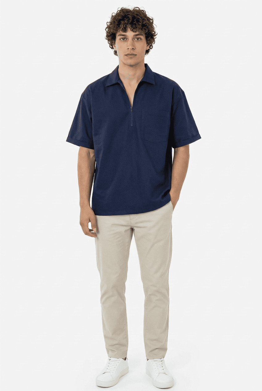 Model wearing navy blue half-zip short-sleeve polo shirt, front view styling with beige trousers and white sneakers