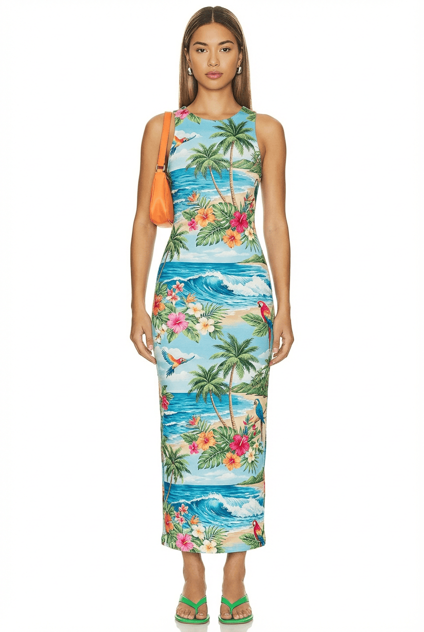 Model wearing tropical beach print sleeveless bodycon midi dress, front view styled with an orange shoulder bag and green slide sandals