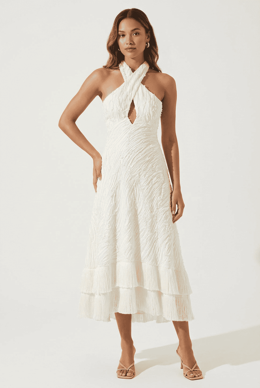 Model wearing ivory textured crinkle halter midi dress, front view styled with nude strappy heeled sandals