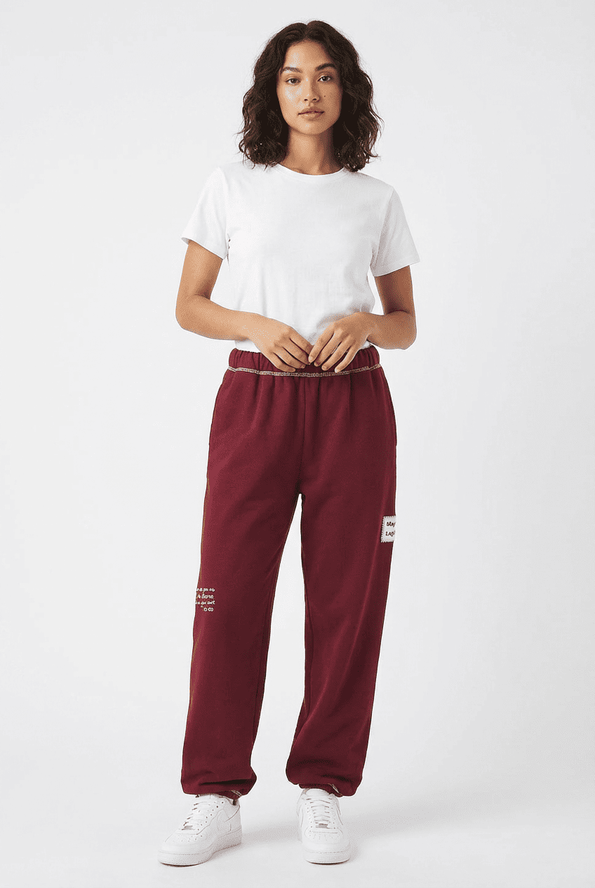 Model wearing burgundy cotton blend sweatpants, front view styled with a white crewneck tee and white sneakers, featuring contrast stitching on the waistband and a small brand patch on the thigh