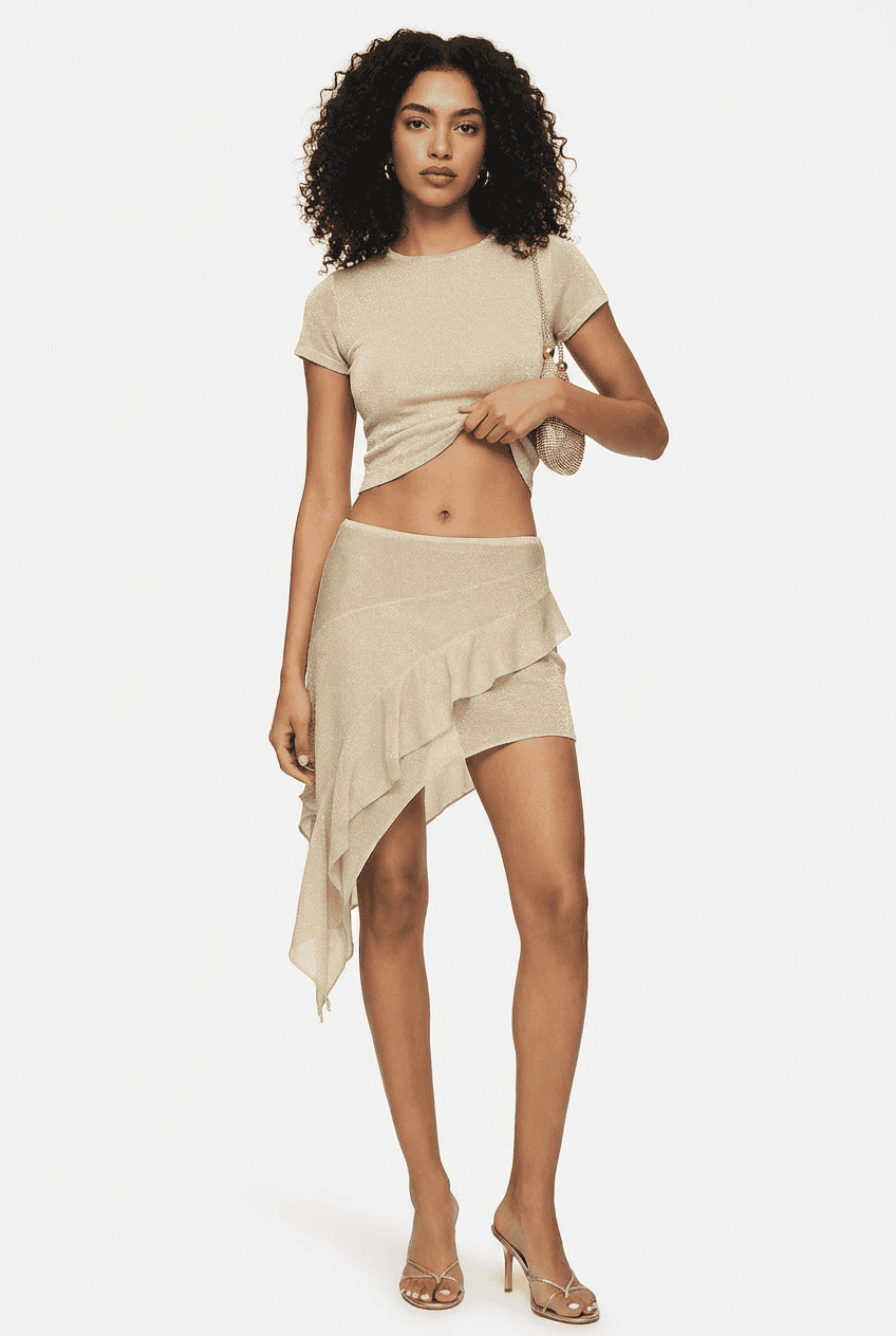 Model wearing champagne metallic asymmetric ruffled mini skirt, front view styled with matching cropped top and heeled sandals