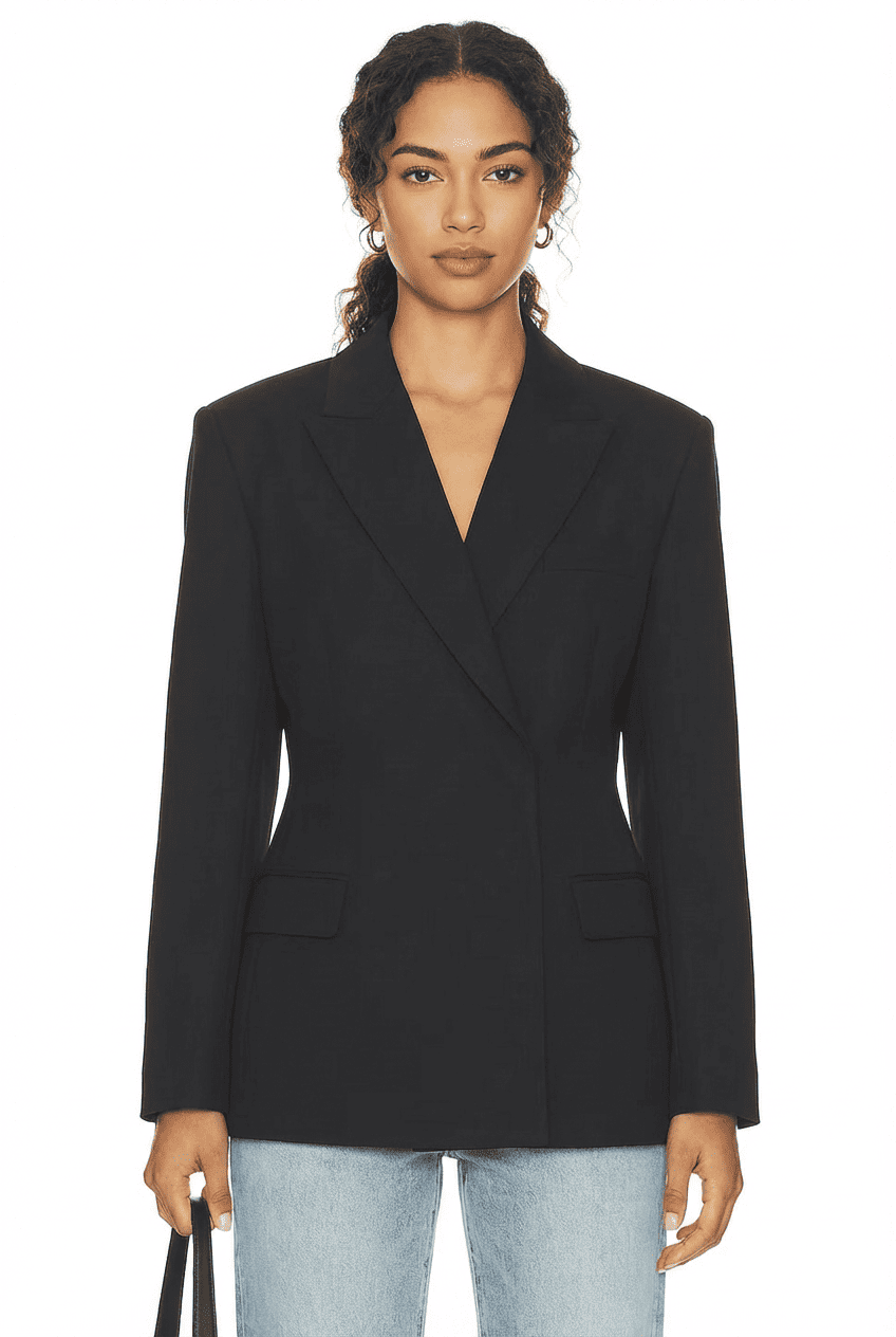 Model wearing black waist-cinched tailored blazer, front view styled with light blue straight-leg jeans and a black shoulder bag