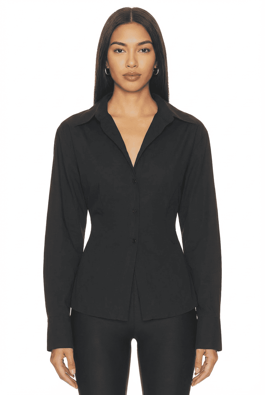 Model wearing black tailored collared shirt with a V-neck and button front, front view styled with black high-waisted leggings