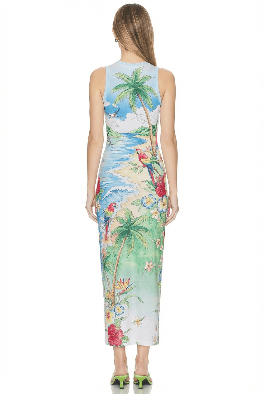 Model wearing tropical beach print sleeveless bodycon midi dress, back view showing full-length palm tree and parrot print