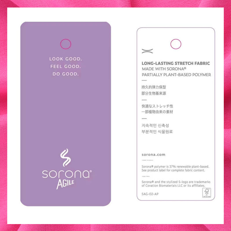 Official Sorona fabric tag highlighting sustainable, stretch, and partially plant-based material properties for apparel production.