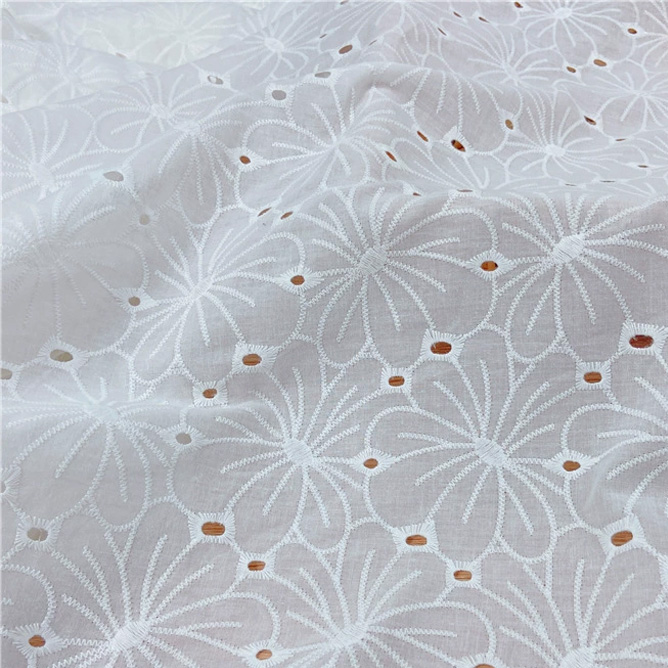 Cotton lace fabric with eyelet hollow floral embroidery