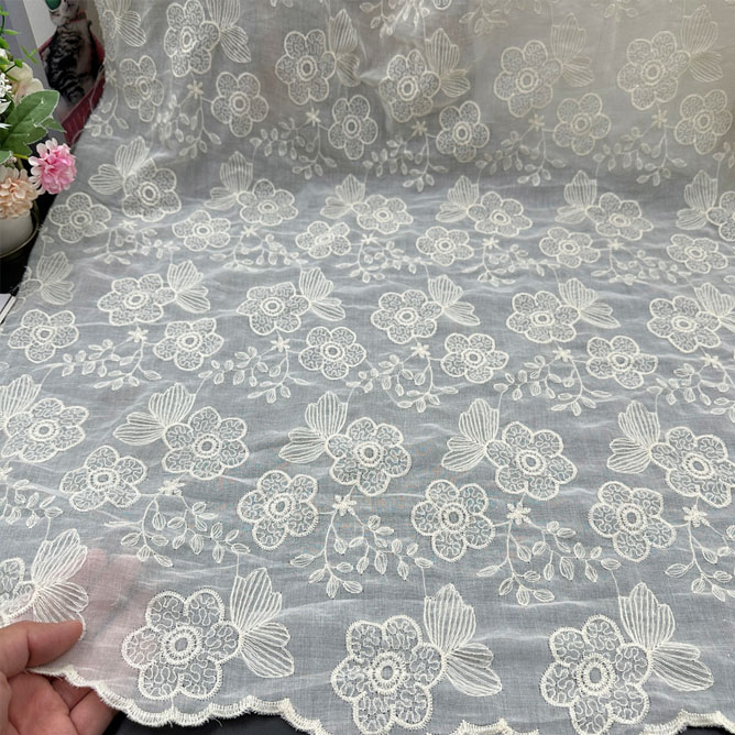 Cotton lace fabric with large floral embroidery design