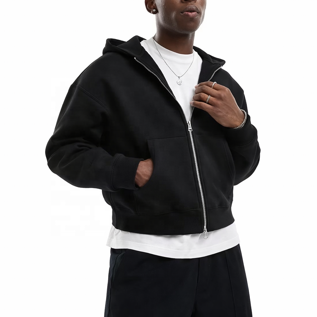 Men black cropped zip up hoodie, heavyweight blank fleece jacket, custom DTG print & rhinestone hotfix, oversized streetwear hooded sweatshirt