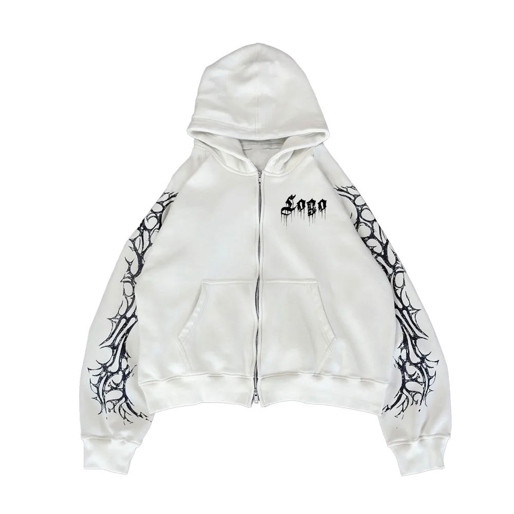 Y2K Gothic Cropped Zip Up Hoodie, Dripping Font Logo With Tribal Thorn Arm Print, Oversized Streetwear Full‑Zip Hooded Jacket For Women