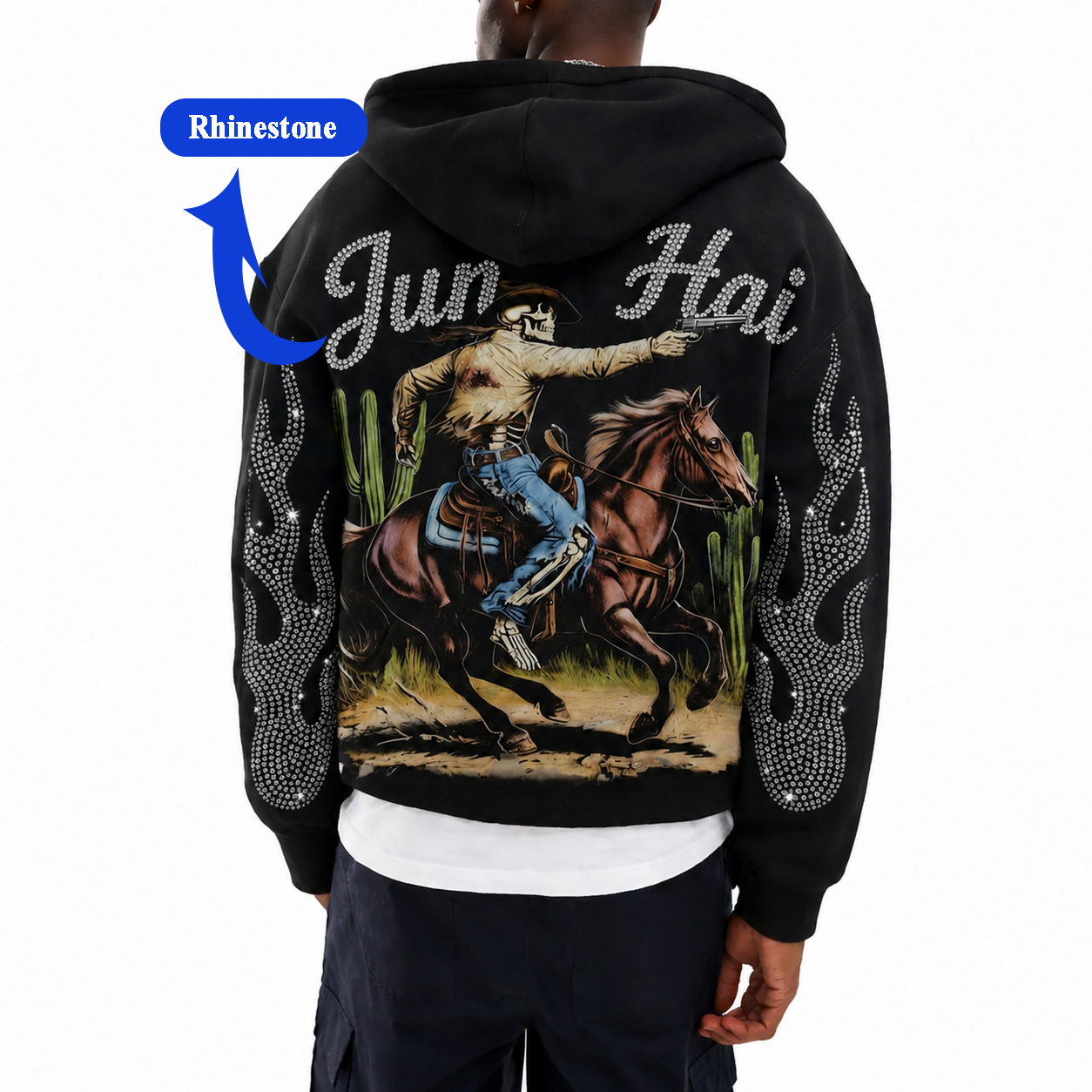 Men black cropped zip up hoodie, heavyweight blank fleece jacket, custom DTG print & rhinestone hotfix, oversized streetwear hooded sweatshirt