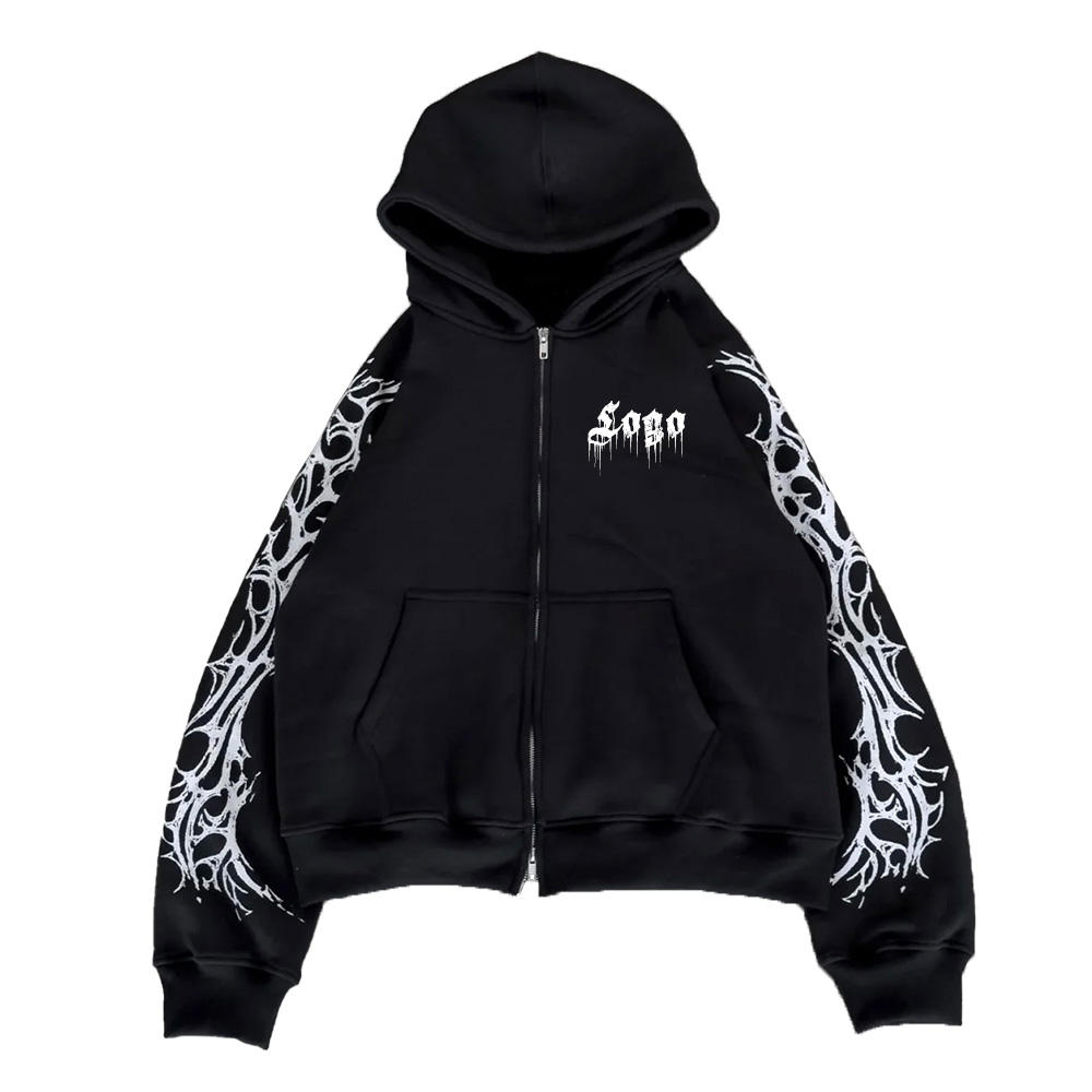 Y2K Gothic Cropped Zip Up Hoodie, Dripping Font Logo With Tribal Thorn Arm Print, Oversized Streetwear Full‑Zip Hooded Jacket For Women