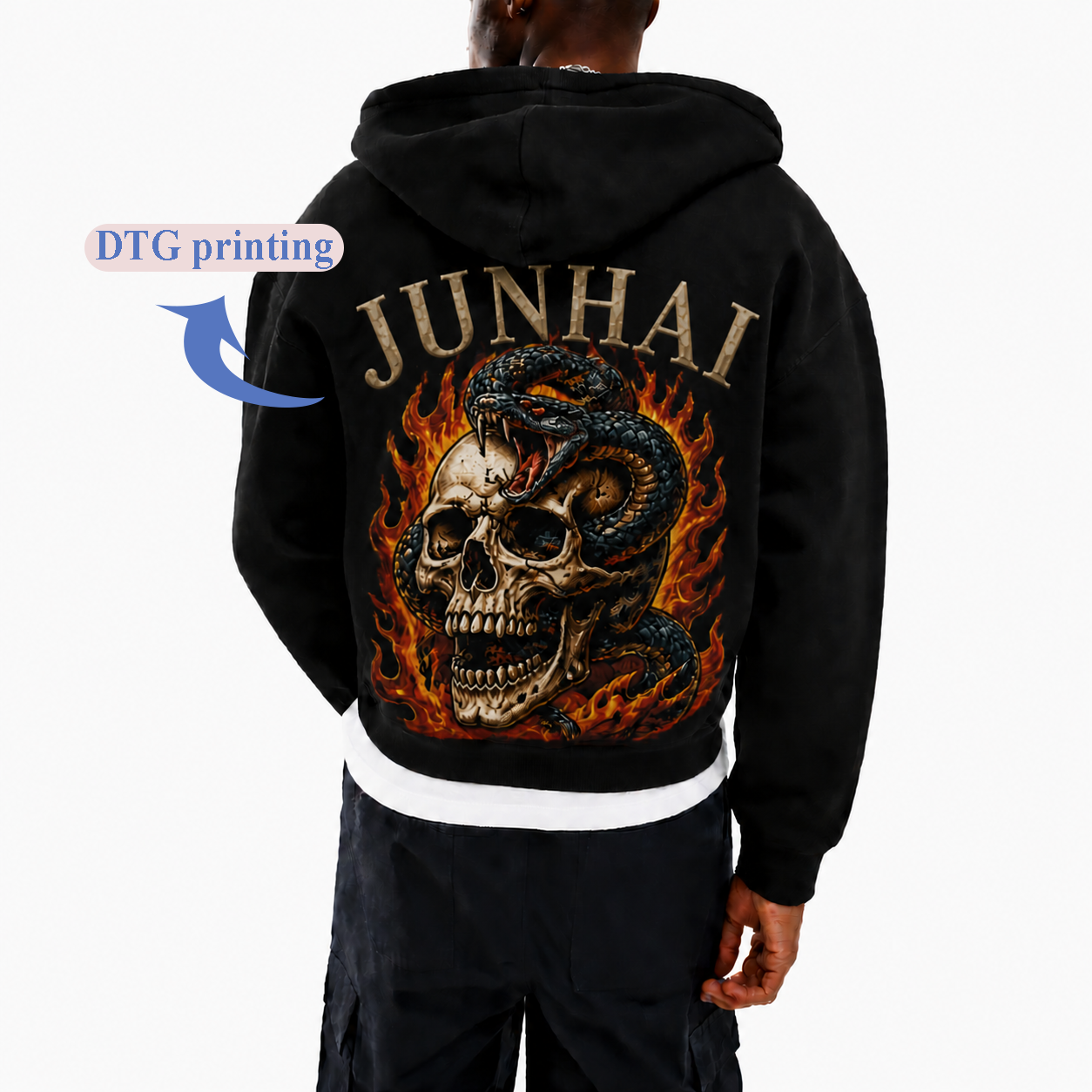 Men black cropped zip up hoodie, heavyweight blank fleece jacket, custom DTG print & rhinestone hotfix, oversized streetwear hooded sweatshirt