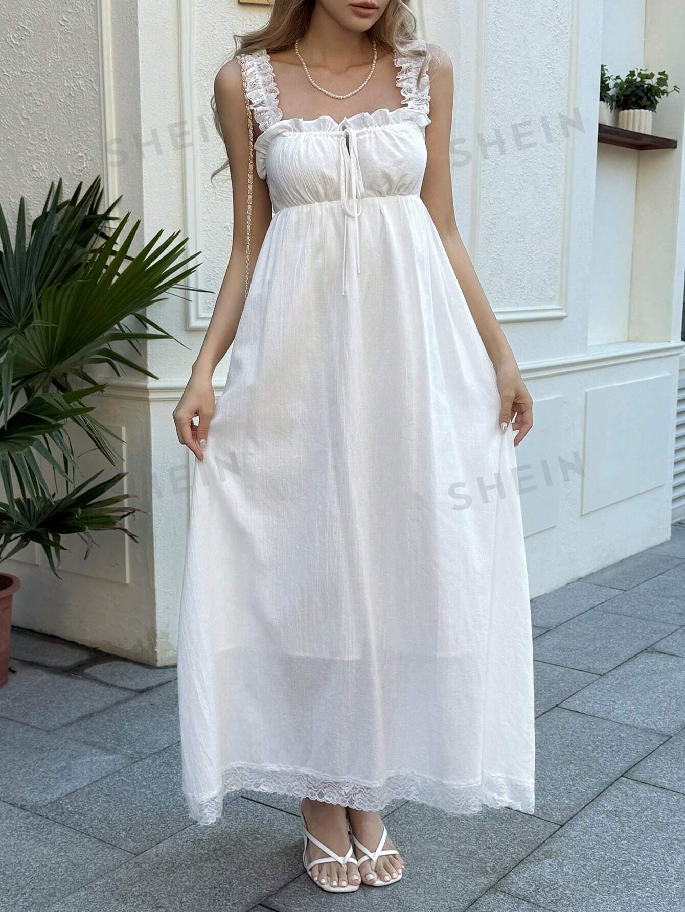 Women White 100% Cotton Maxi Dress, Lace Ruffle Spaghetti Strap Square Neck Tie Front Flowy Long Dress, Back Smocked Lace Hem Breathable Casual Summer Cami Dress