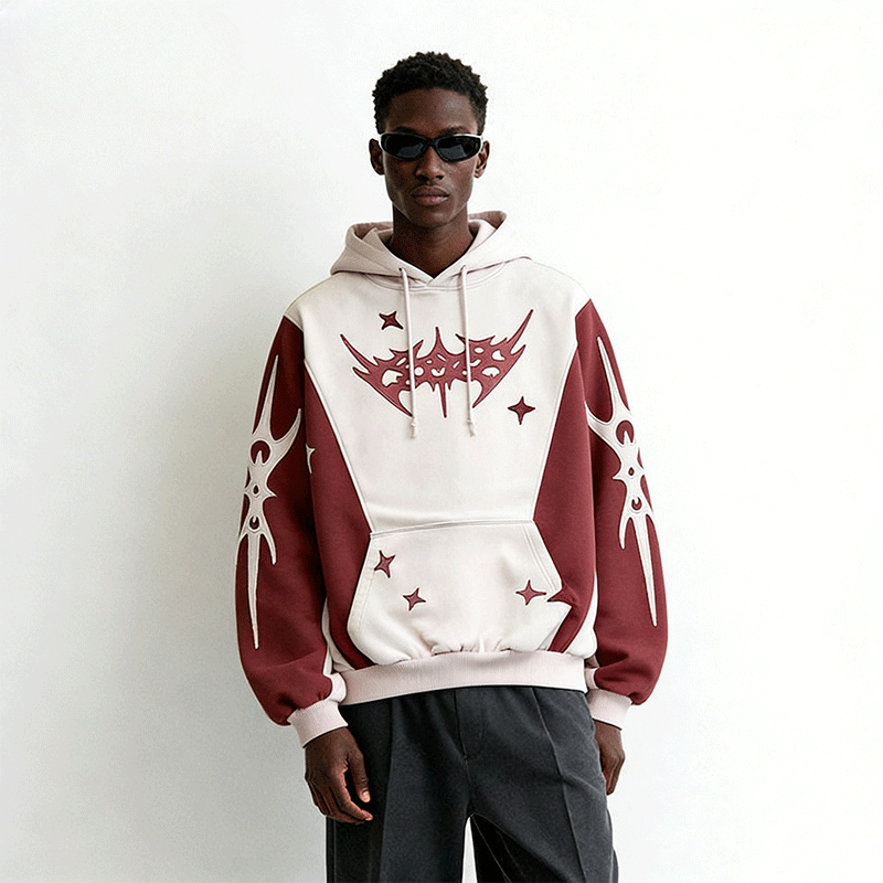 Y2K Color‑Block Pullover Hoodie, Pink & Burgundy Gothic Thorn Star Embroidery Graphic, Oversized Hip‑Hop Streetwear Sweatshirt For Men Women