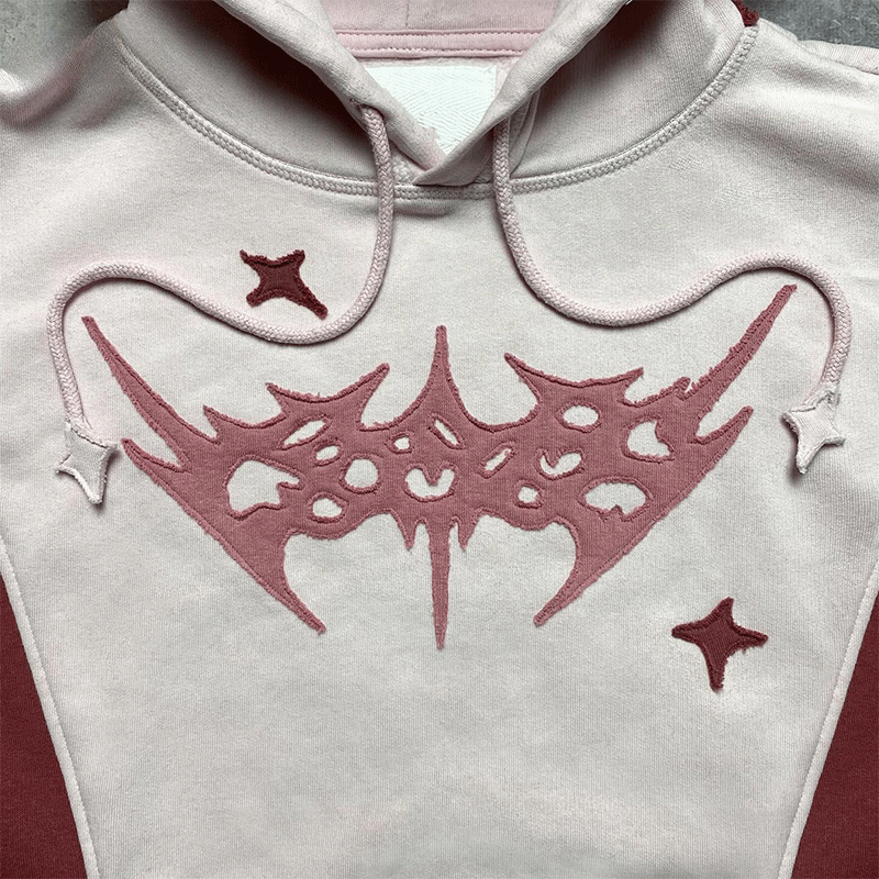 Y2K Color‑Block Pullover Hoodie, Pink & Burgundy Gothic Thorn Star Embroidery Graphic, Oversized Hip‑Hop Streetwear Sweatshirt For Men Women