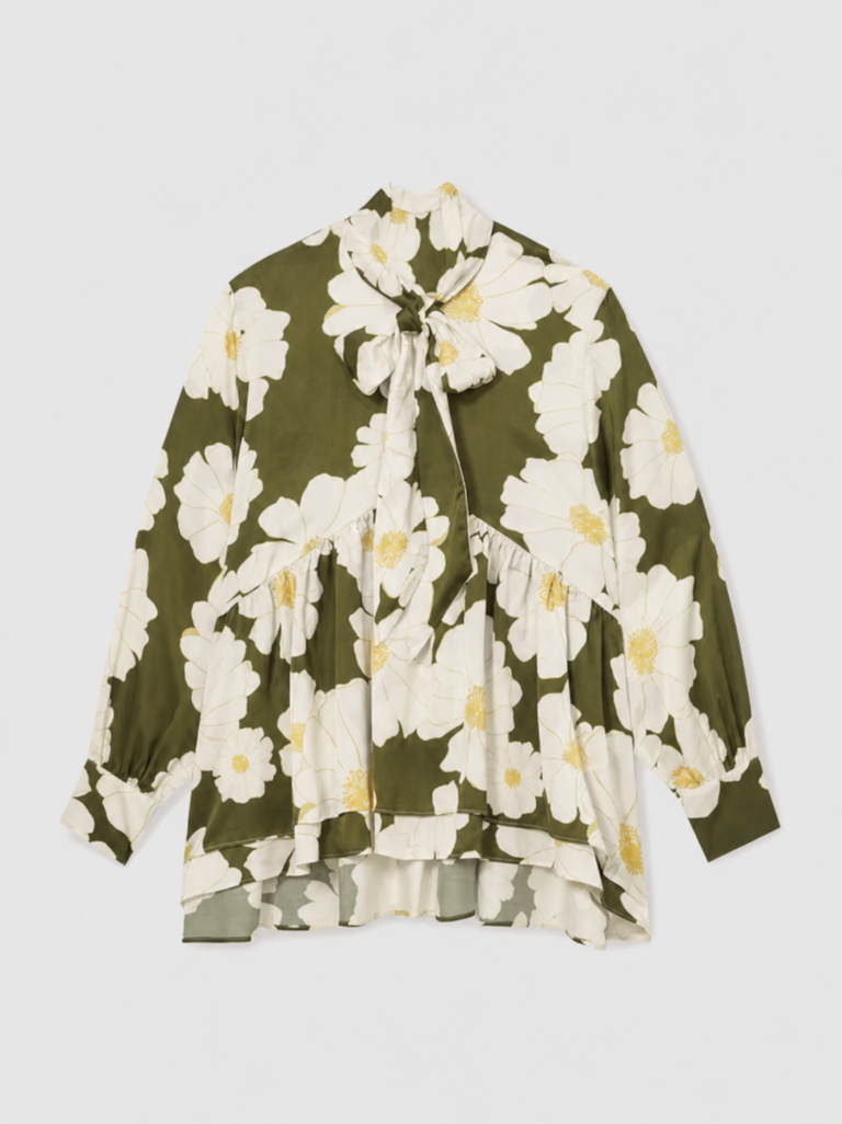 Green Floral Bow-Neck Blouse