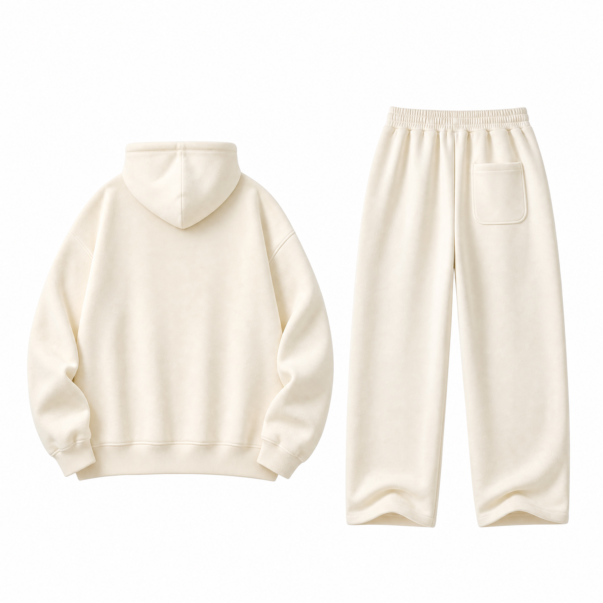 Men cream 2‑piece tracksuit set, loose pullover hoodie and drawstring wide leg sweatpants, casual fleece matching loungewear outfit