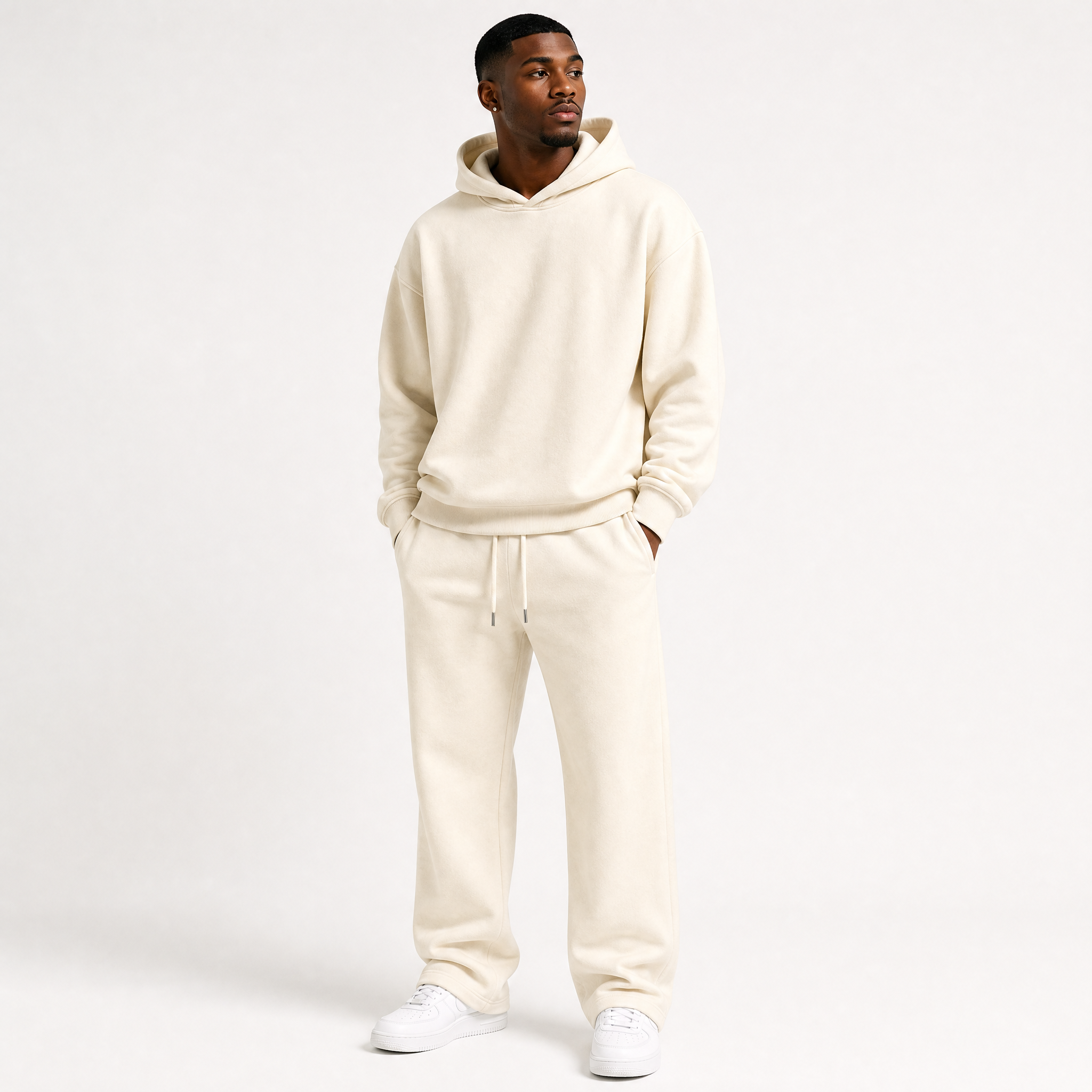 Men cream 2‑piece tracksuit set, loose pullover hoodie and drawstring wide leg sweatpants, casual fleece matching loungewear outfit