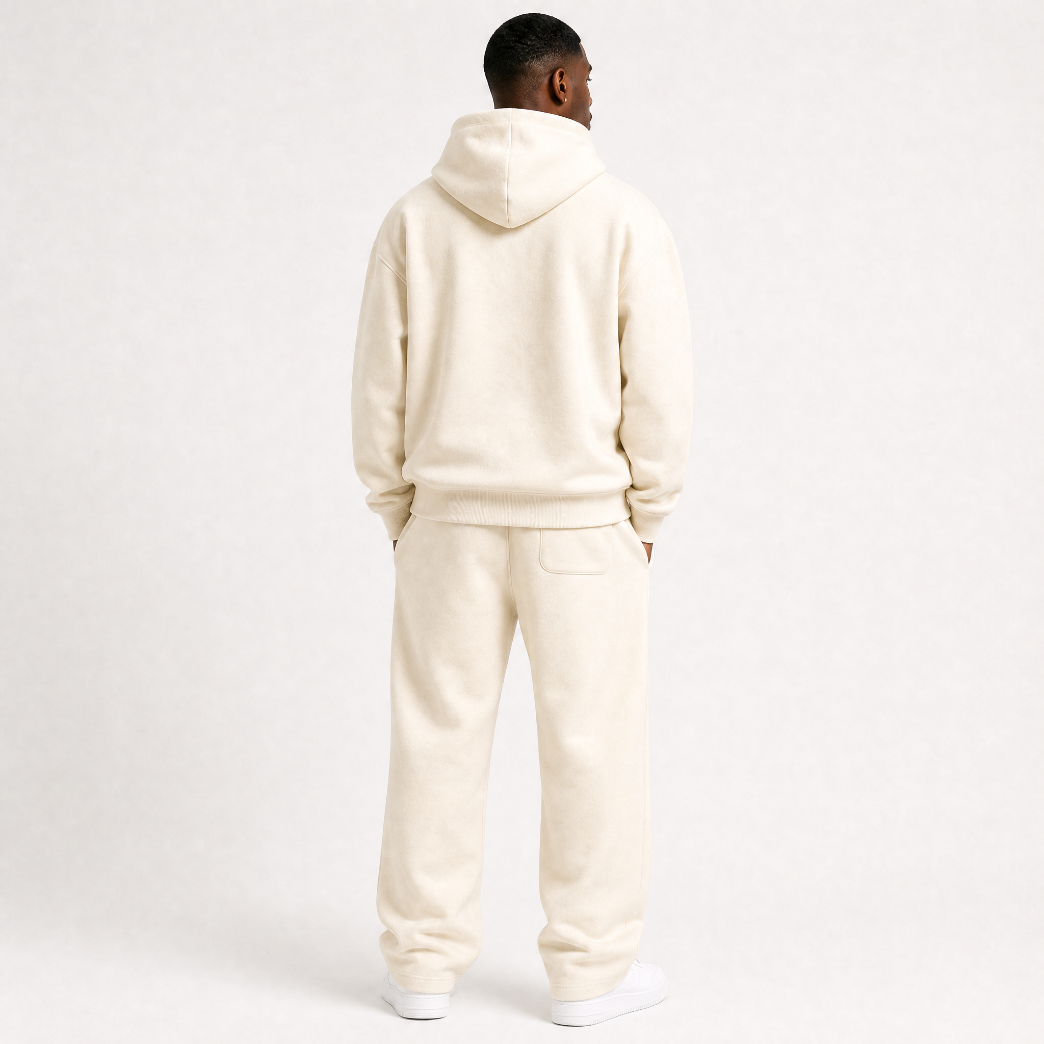 Men cream 2‑piece tracksuit set, loose pullover hoodie and drawstring wide leg sweatpants, casual fleece matching loungewear outfit