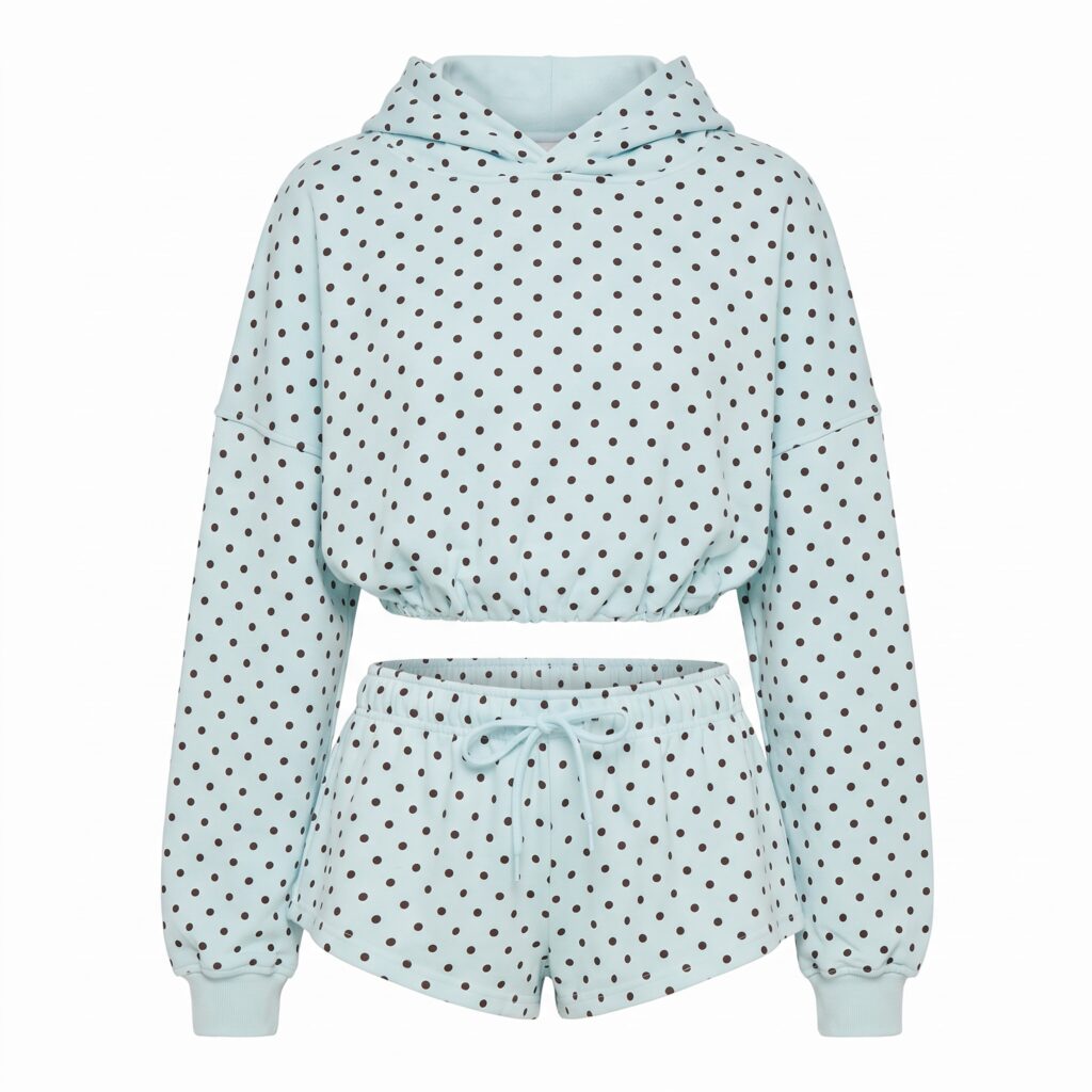 Women light blue brown polka dot 2 piece outfit, cropped hoodie and drawstring shorts loungewear set