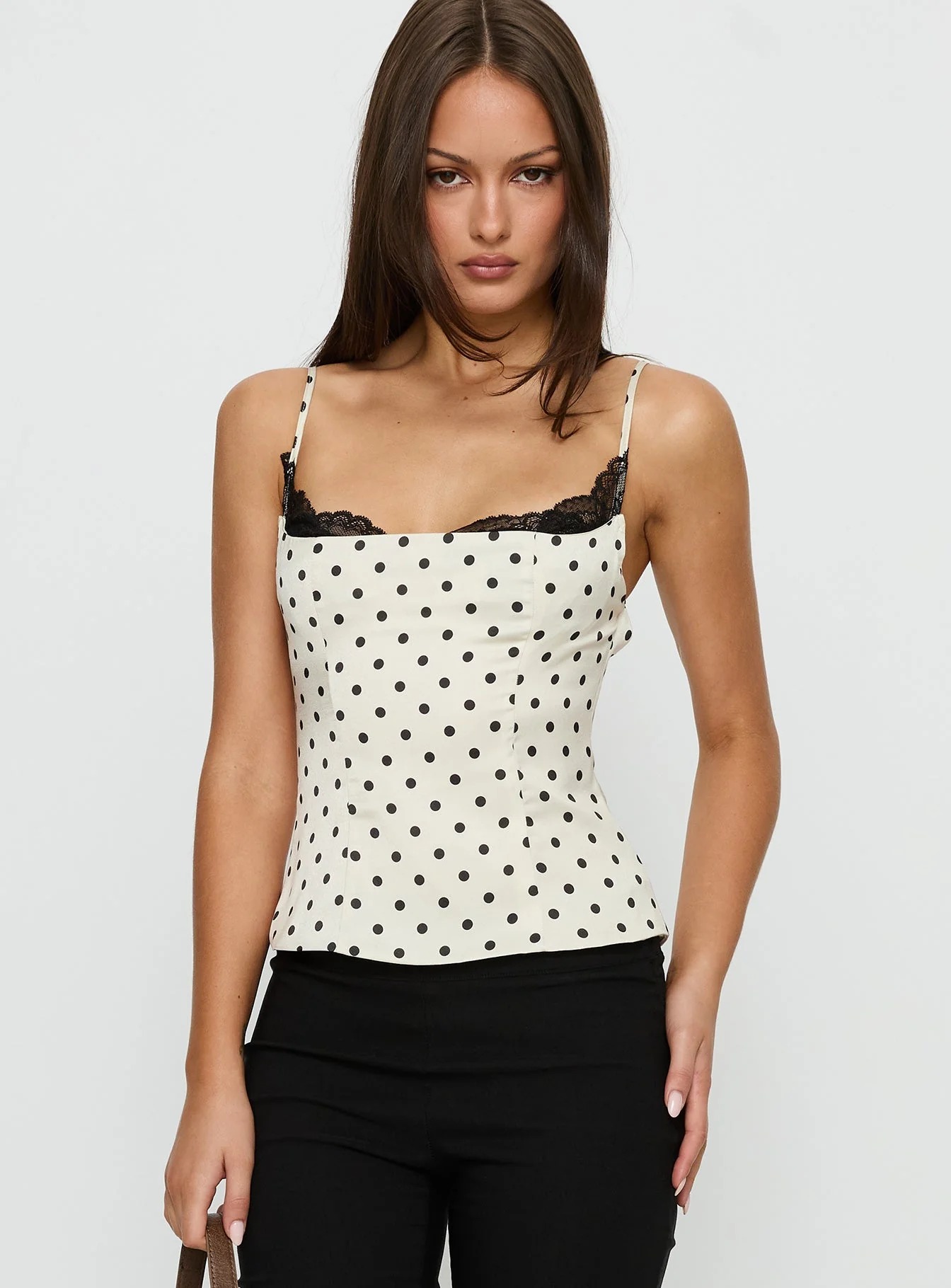 Women white black polka dot camisole top, square neck black lace trim fitted peplum tank top