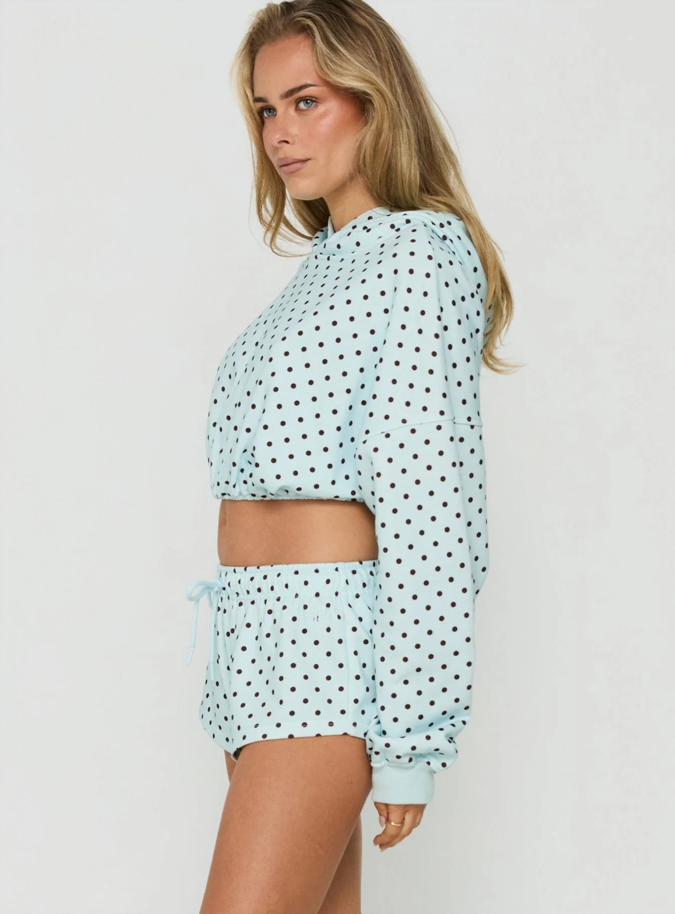 Women light blue brown polka dot 2 piece outfit, cropped hoodie and drawstring shorts loungewear set