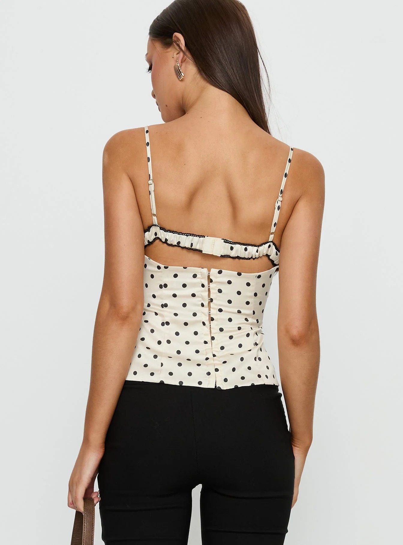 Women white black polka dot camisole top, square neck black lace trim fitted peplum tank top