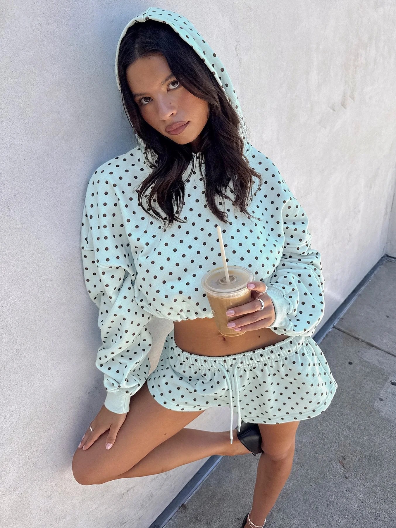 Women light blue brown polka dot 2 piece outfit, cropped hoodie and drawstring shorts loungewear set