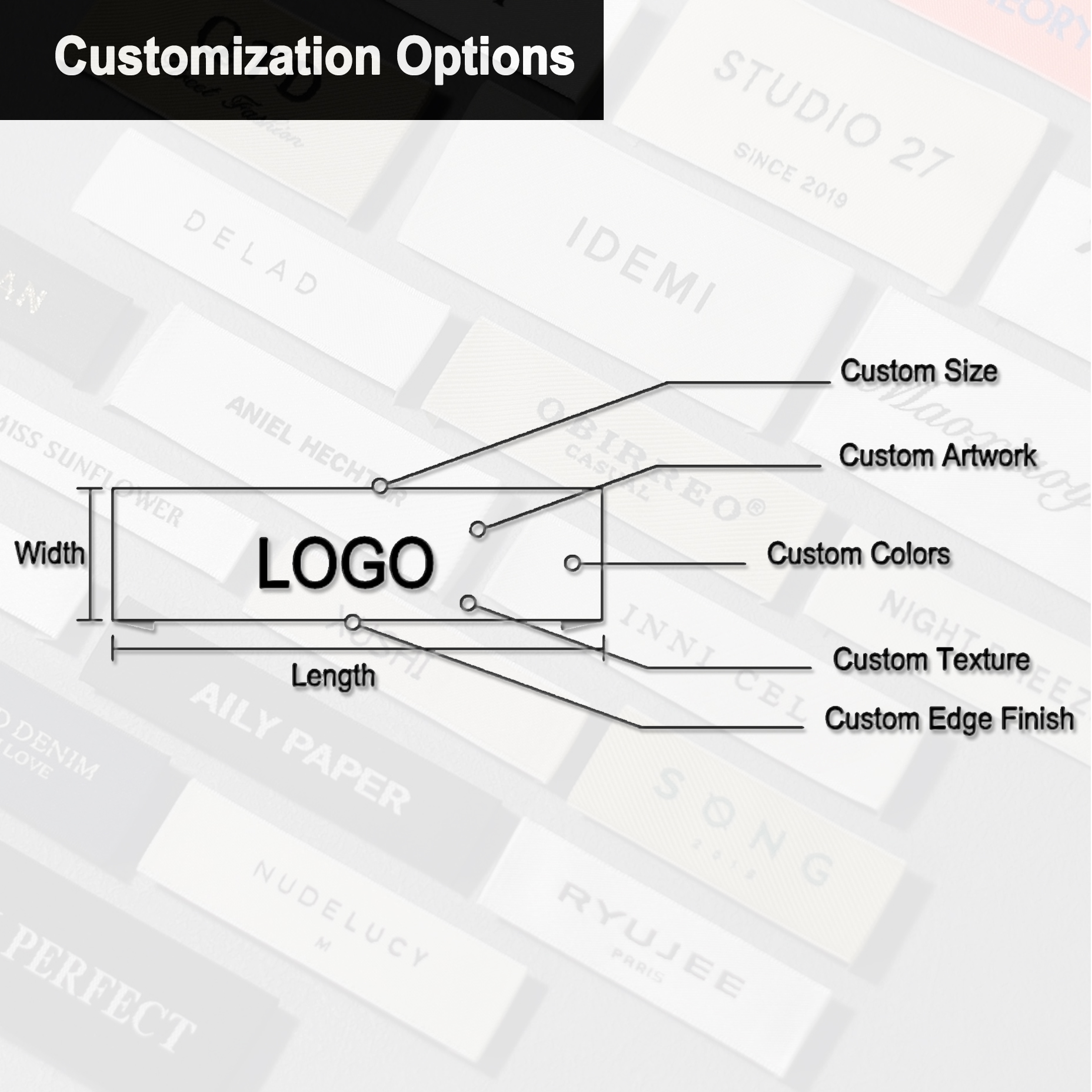 Custom woven label customization options for size, artwork, colors, texture, and edge finish