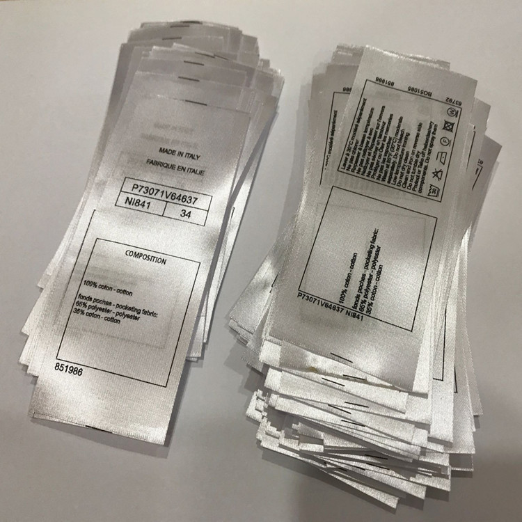 Custom printed garment care label showing fibre composition and care instructions